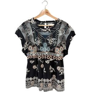 Johnny Was Biya Silk Embroidered Blouse Large Black Floral Tie Back Boho Tunic